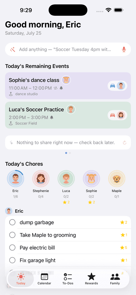 CalenDear's Today screen on an iPhone, showing today's events and each child's chores