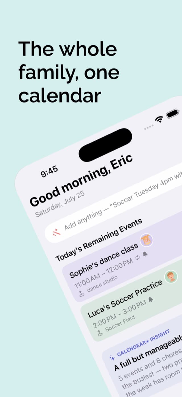 The Today screen: a greeting, the quick-add field, today's remaining events and a CalenDear+ insight card