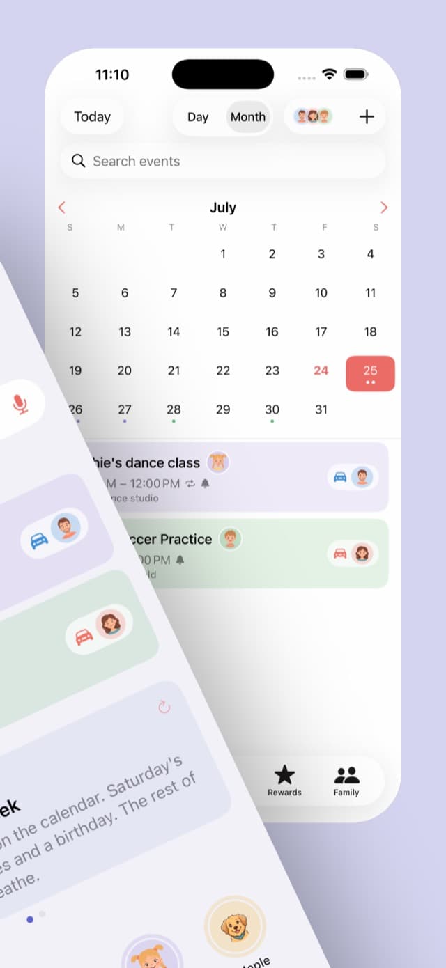 The month calendar with per-person colored events and event search