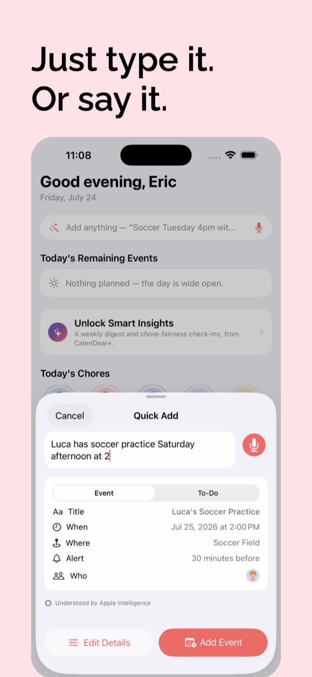 Quick Add turning “Luca has soccer practice Saturday afternoon at 2” into a complete event