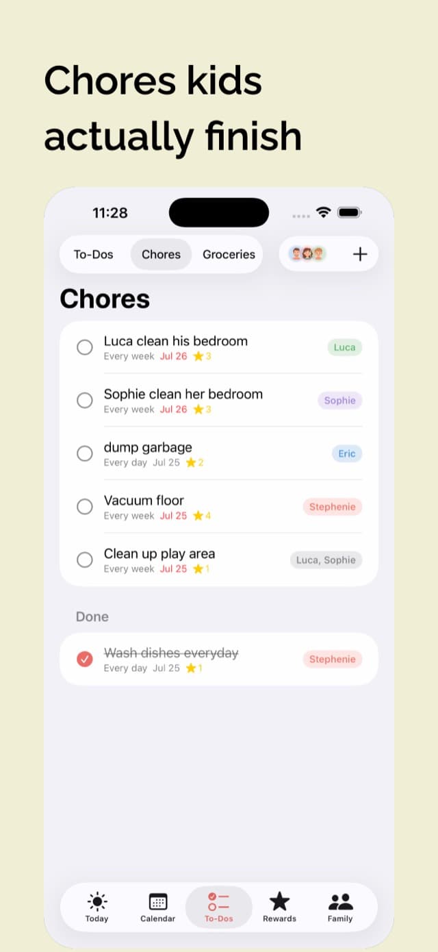 The Chores tab: recurring chores per family member, each worth stars