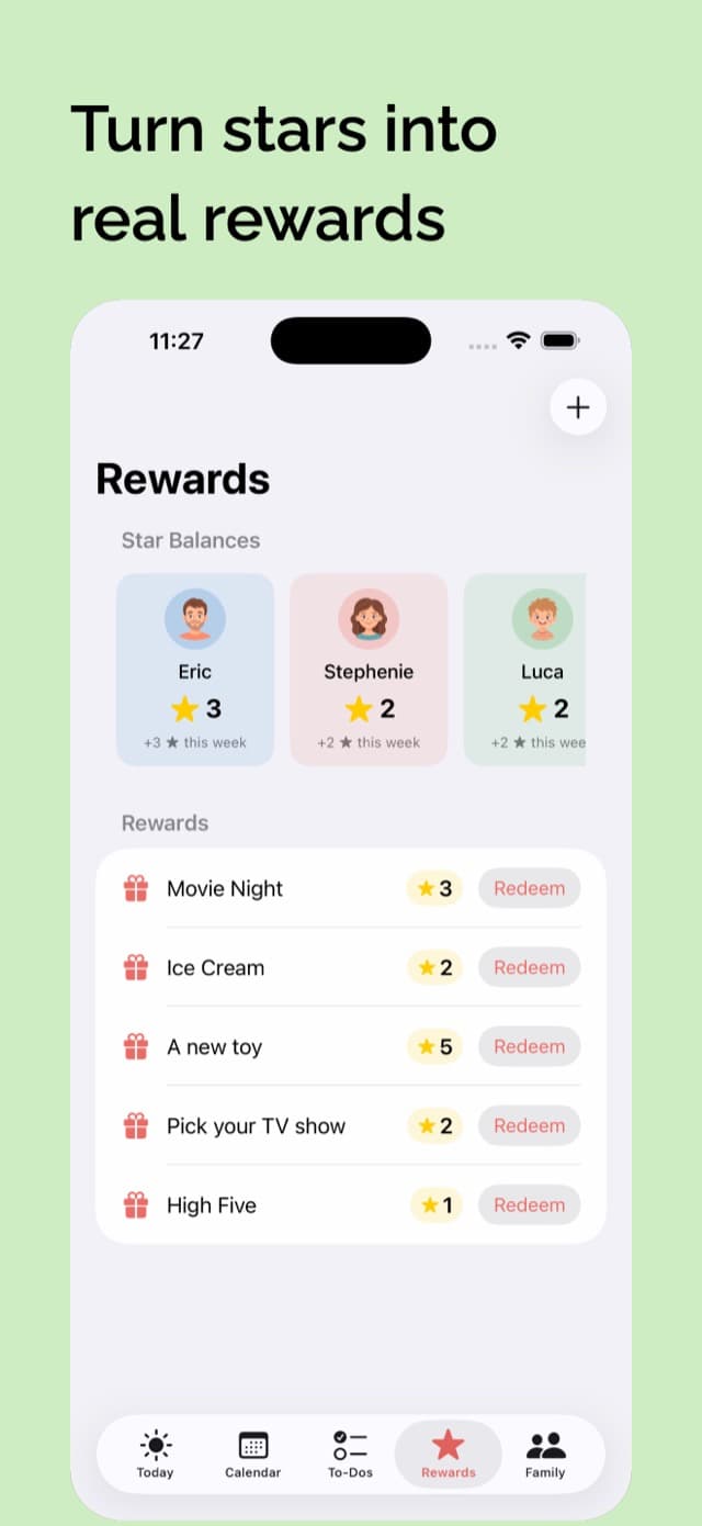 The Rewards tab: star balances for each person and a redeemable family reward catalog
