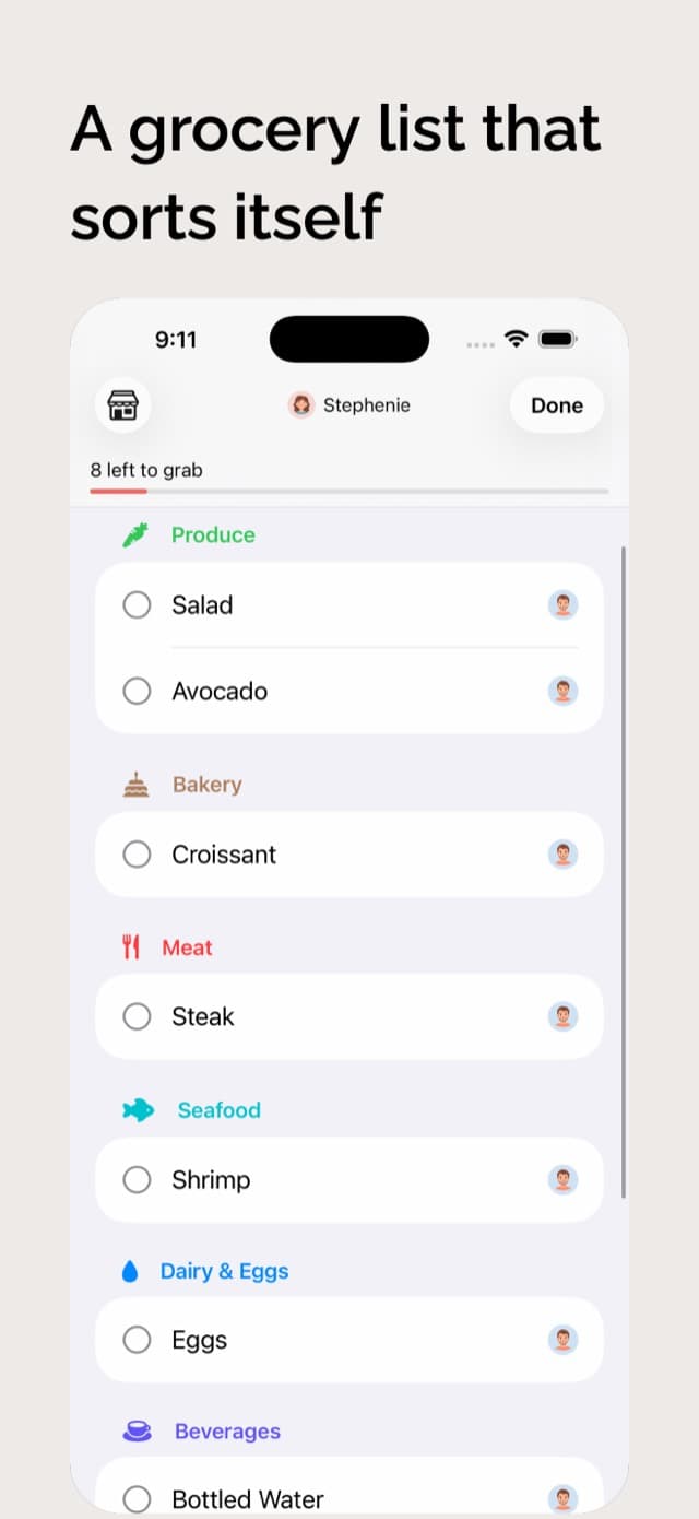 The shared grocery list (CalenDear+), sorted into Produce, Bakery, Meat, Seafood, Dairy & Eggs and Beverages aisles