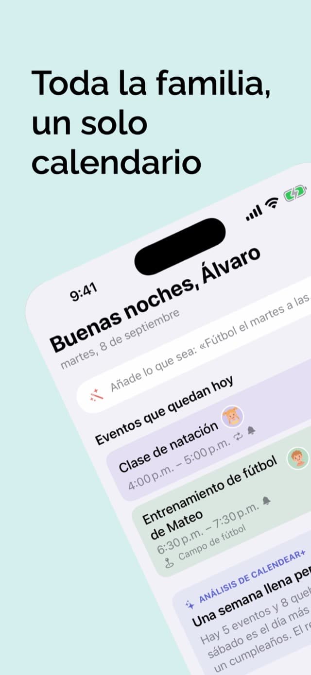 La pantalla “Hoy”: un saludo, el campo de entrada rápida, los eventos que quedan hoy y una tarjeta de análisis de CalenDear+