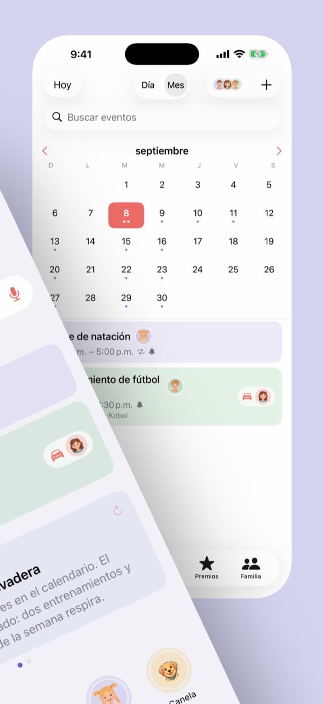El calendario mensual con los eventos en el color de cada persona y el buscador de eventos