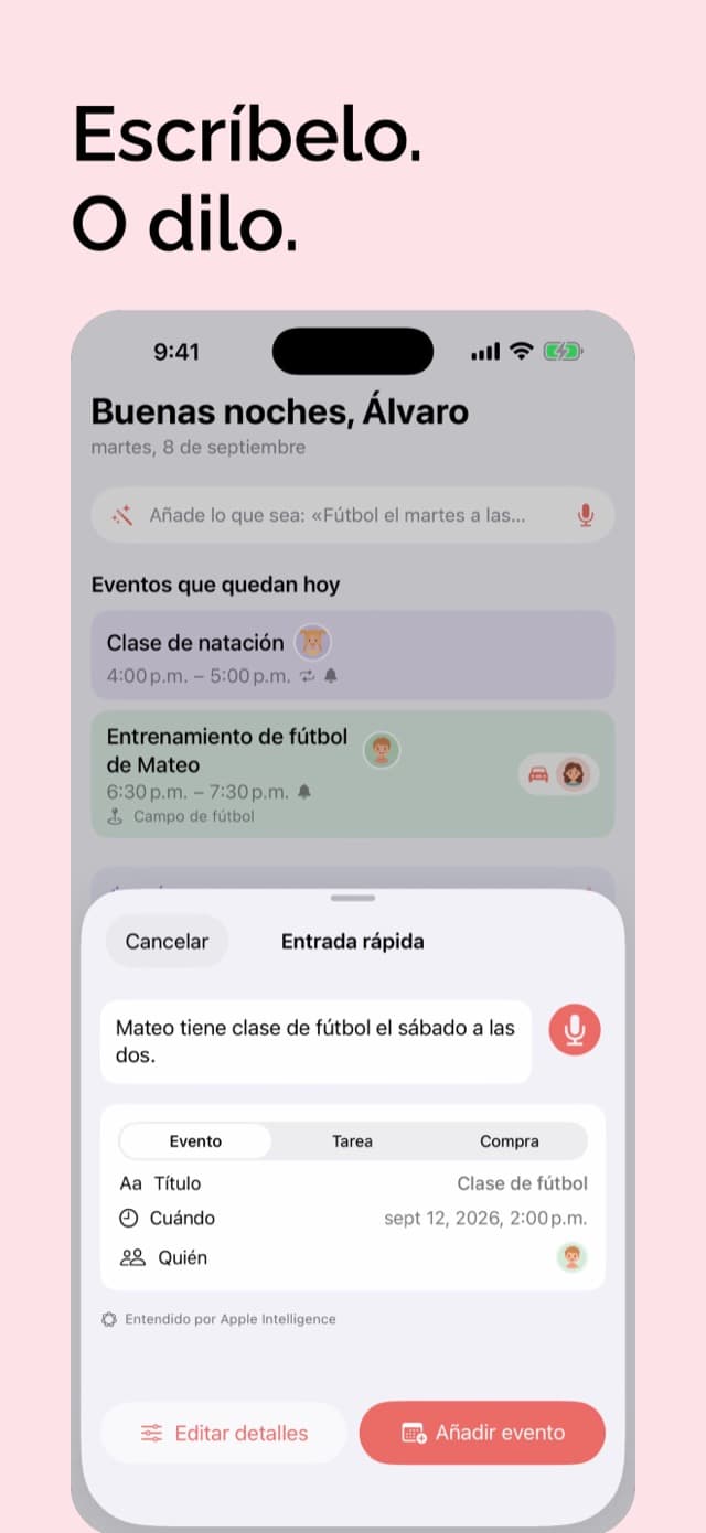 La entrada rápida convirtiendo “Mateo tiene clase de fútbol el sábado a las dos” en un evento completo