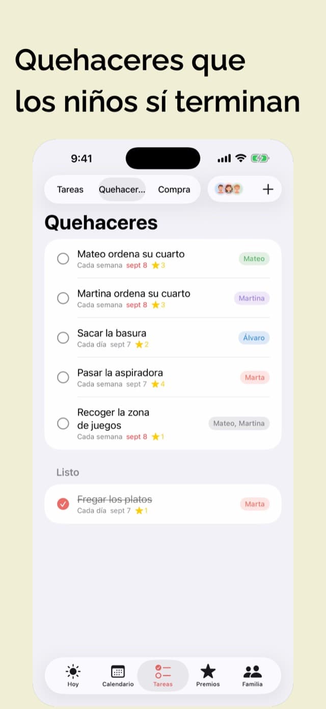 La pestaña de Quehaceres: quehaceres recurrentes por miembro de la familia, cada uno con sus estrellas