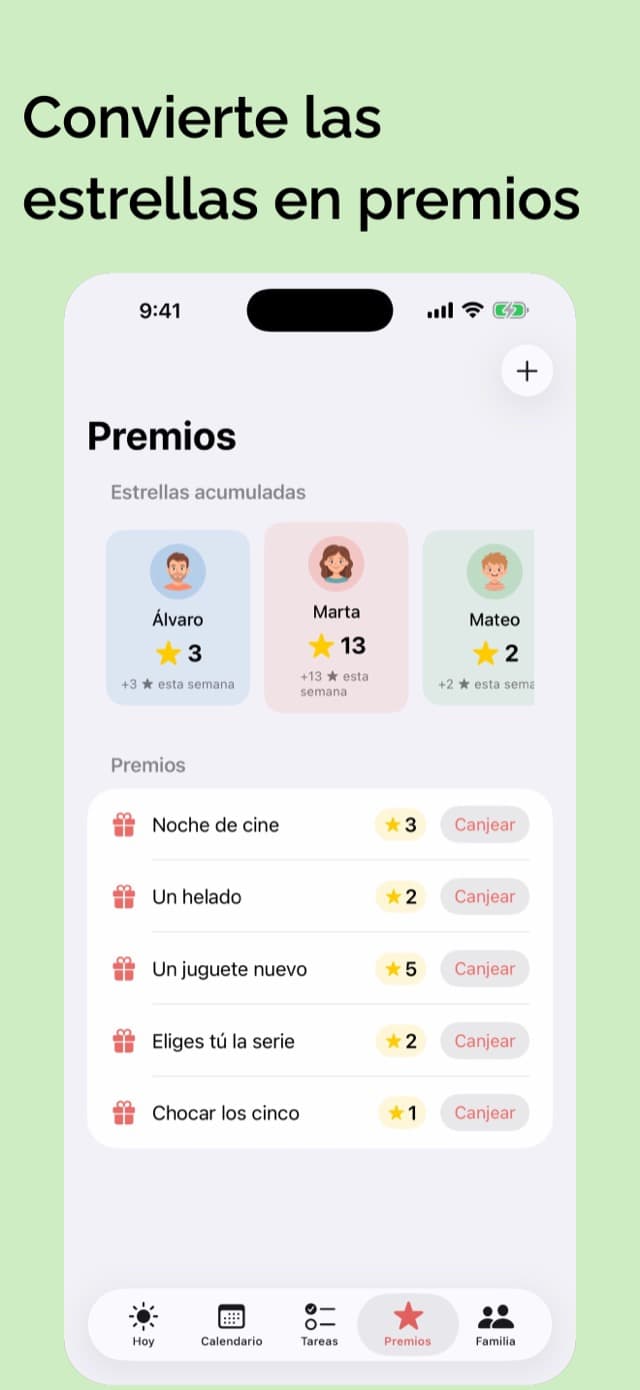 La pestaña de Premios: las estrellas acumuladas de cada persona y el catálogo de premios canjeables de la familia