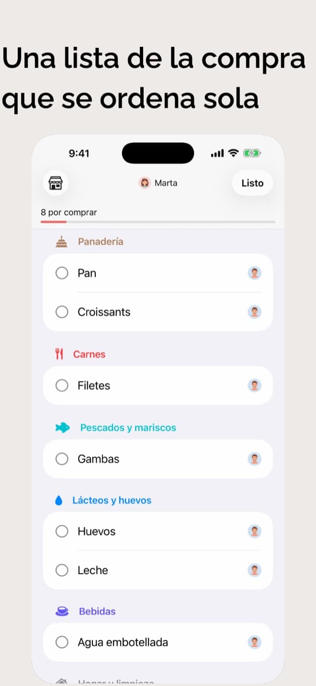 La lista de la compra compartida (CalenDear+), ordenada por Panadería, Carnes, Pescados y mariscos, Lácteos y huevos y Bebidas